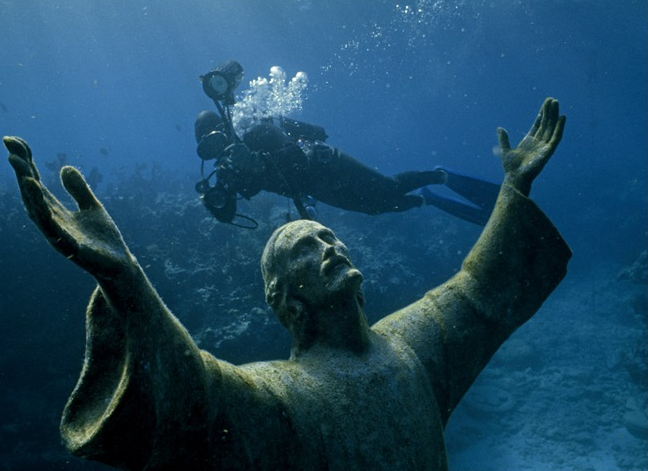 Statue of Jesus at the bottom of the lake