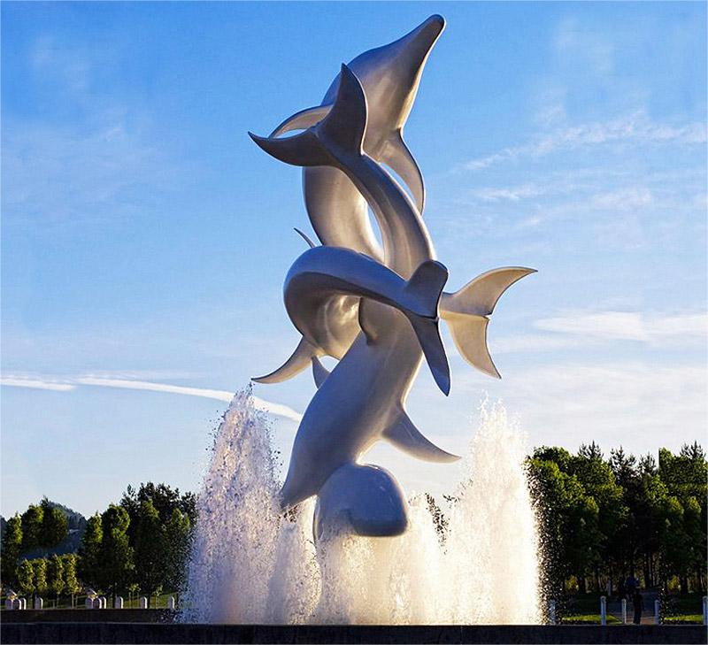 Customized large metal dolphin sculpture outdoor water fountain landscape sculpture DZ-196