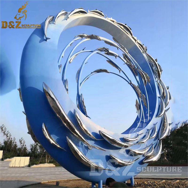 Giant silver fish embellished stainless steel metal circle sculpture Ocean Dream series customization DZ-213