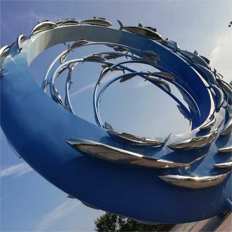 Giant silver fish embellished stainless steel metal circle sculpture Ocean Dream series customization DZ-213