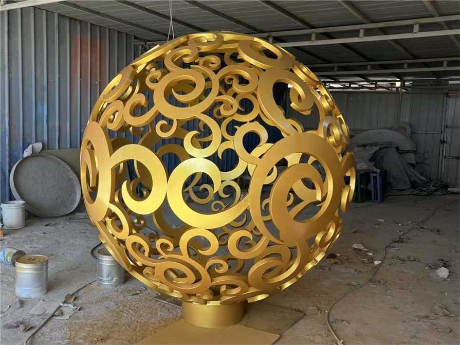 Large gold hollow metal garden sphere sculpture for sale