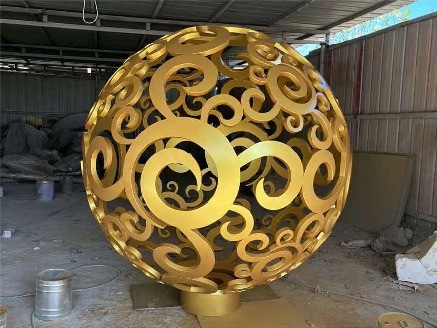 Large gold hollow metal garden sphere sculpture for sale