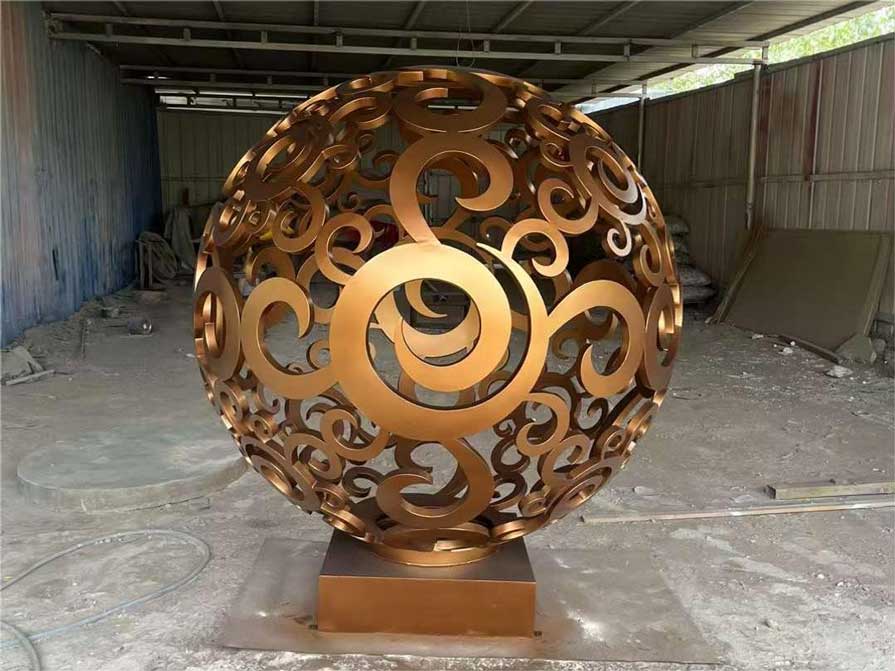 Large gold hollow metal garden sphere sculpture for sale