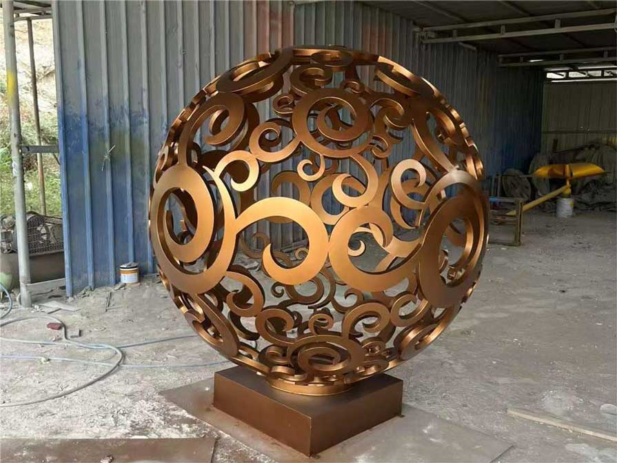 Large gold hollow metal garden sphere sculpture for sale