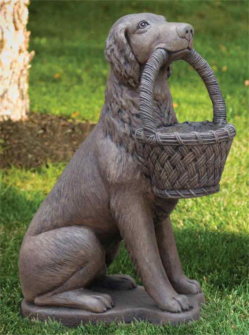 Life size bronze dog with basket garden statue for front porch