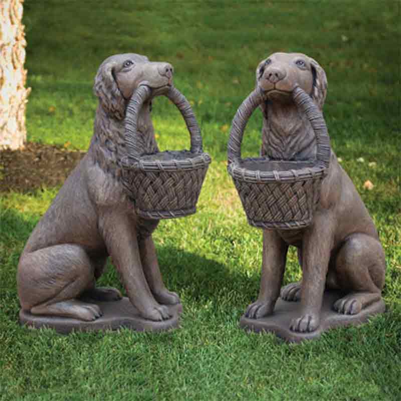 Life size bronze dog with basket garden statue for front porch