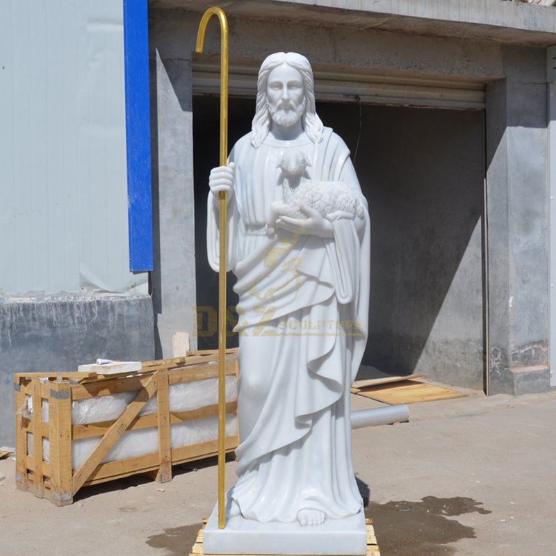 Hand Carved Religious Sculpture Jesus With Lamb Statue