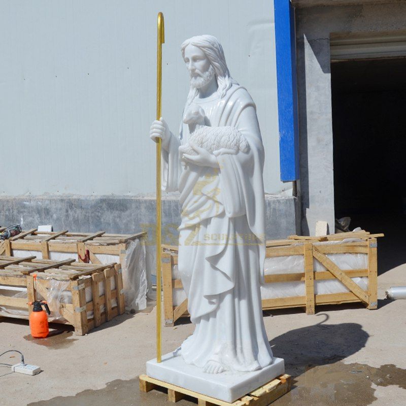 Hand Carved Religious Sculpture Jesus With Lamb Statue