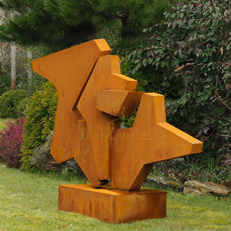 Geometric pattern welding corten steel outdoor sculpture
