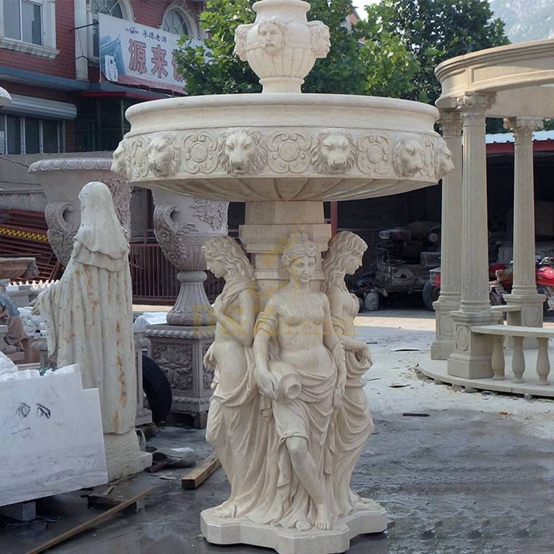 Hand Carved Woman Stone Beige Fountain