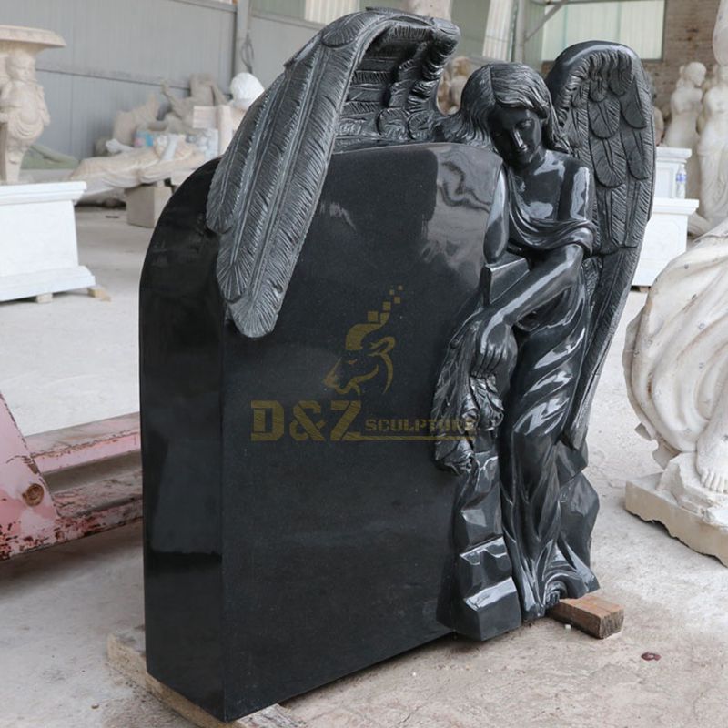 Carved Angel Black Granite Tombstone