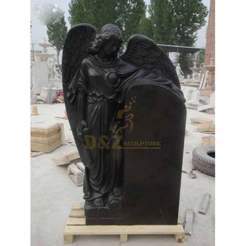 Carved Angel Black Granite Tombstone