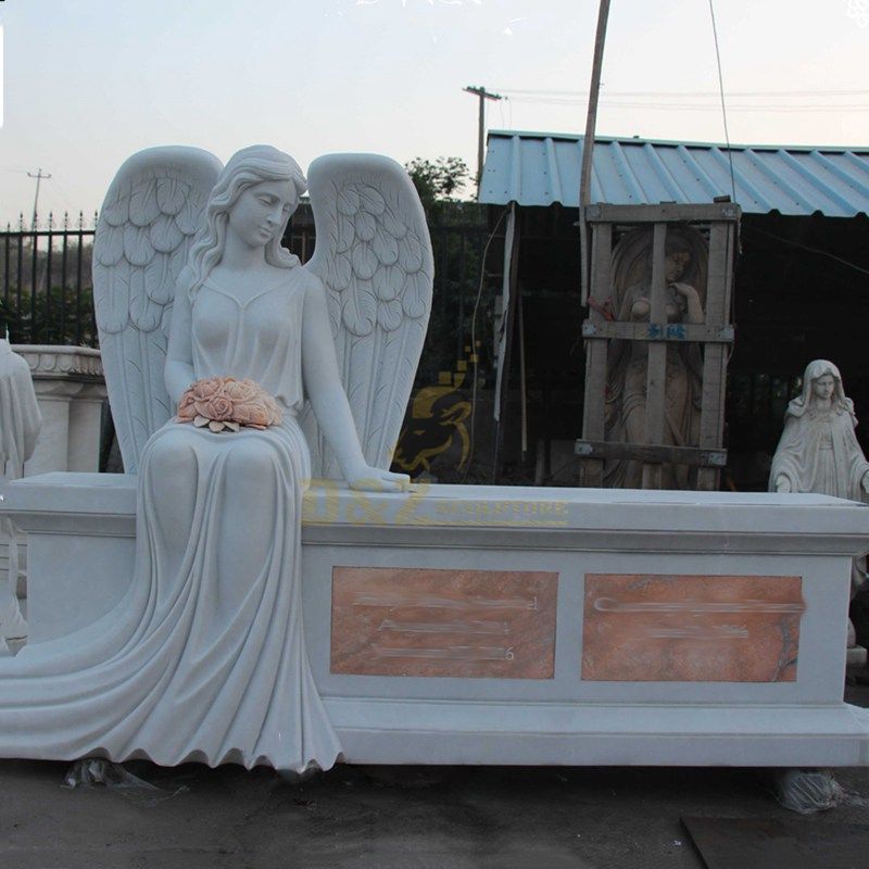 Customized European White Marble Monument Carved Angel Tombstone