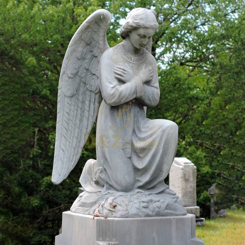 White Marble Kneeling Weeping Angel With Wing Headstone Statue Tombstone