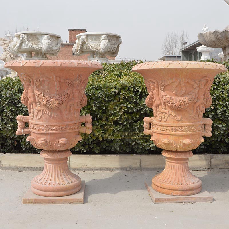 Red Marble Stone Hand-Carving Flowerpot For Decoration