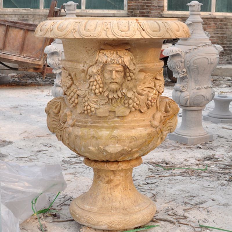 Red Marble Stone Hand-Carving Flowerpot For Decoration