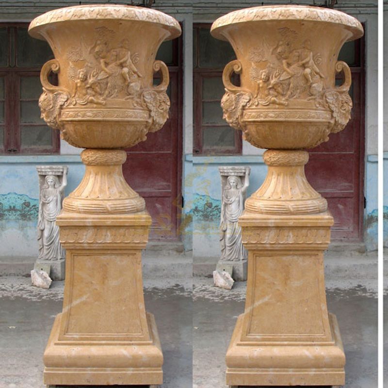 Red Marble Stone Hand-Carving Flowerpot For Decoration