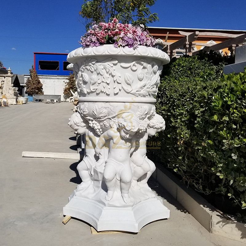 Outdoor Marble Children Statue Garden Stone Flowerpot