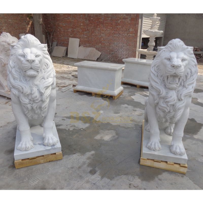 White Garden Sculpture Life Size Carved Stone Pair Animals Lion