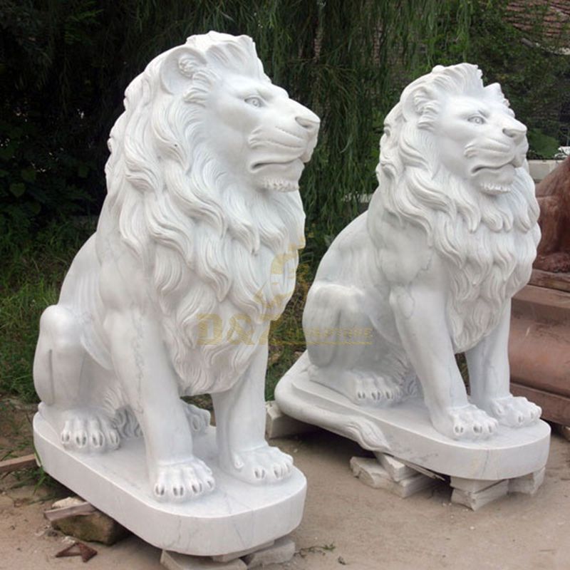 White Garden Sculpture Life Size Carved Stone Pair Animals Lion