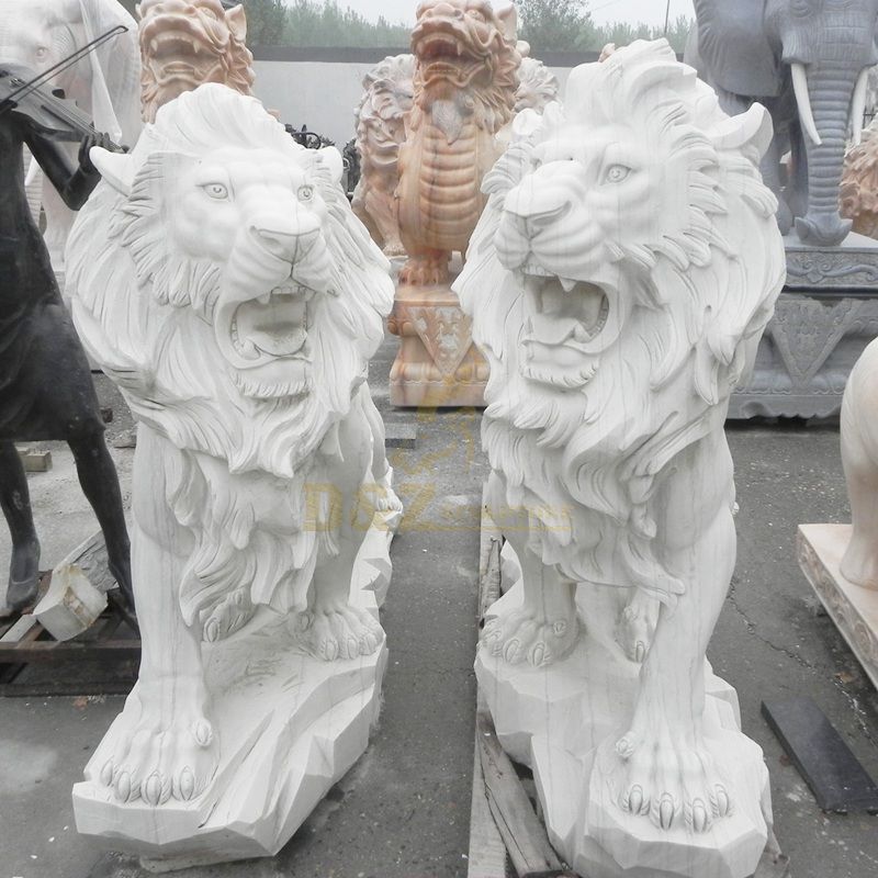 White Garden Sculpture Life Size Carved Stone Pair Animals Lion