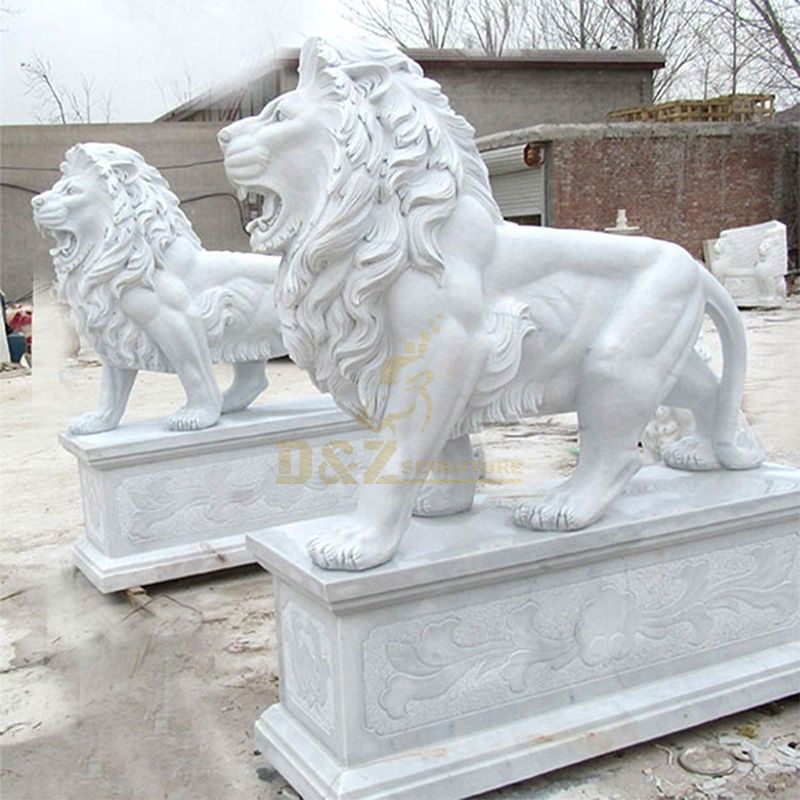 White Garden Sculpture Life Size Carved Stone Pair Animals Lion