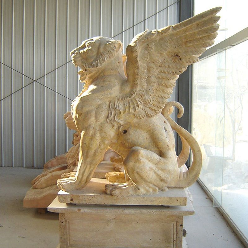 Hand Carved White Marble Lion Sculpture With Wings