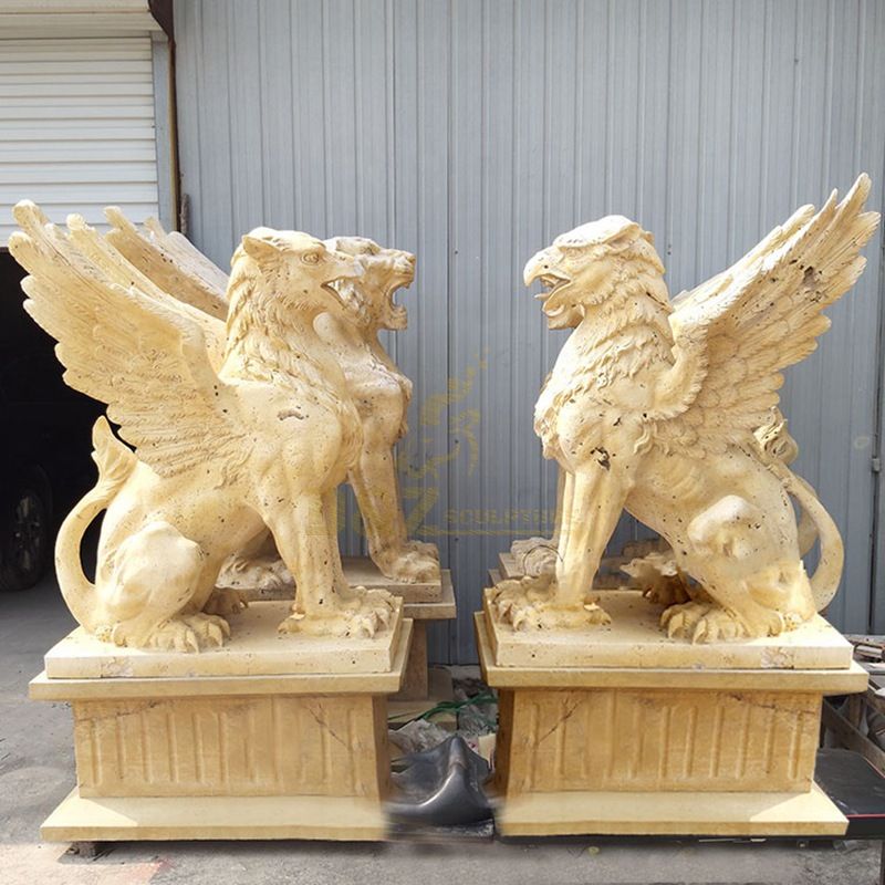 Hand Carved White Marble Lion Sculpture With Wings