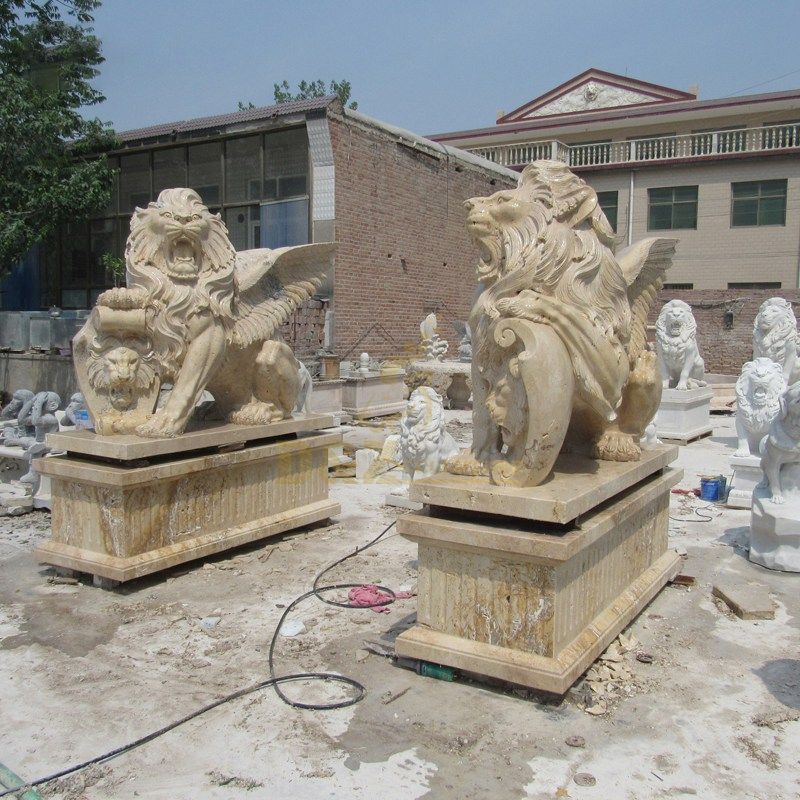 Hand Carved White Marble Lion Sculpture With Wings