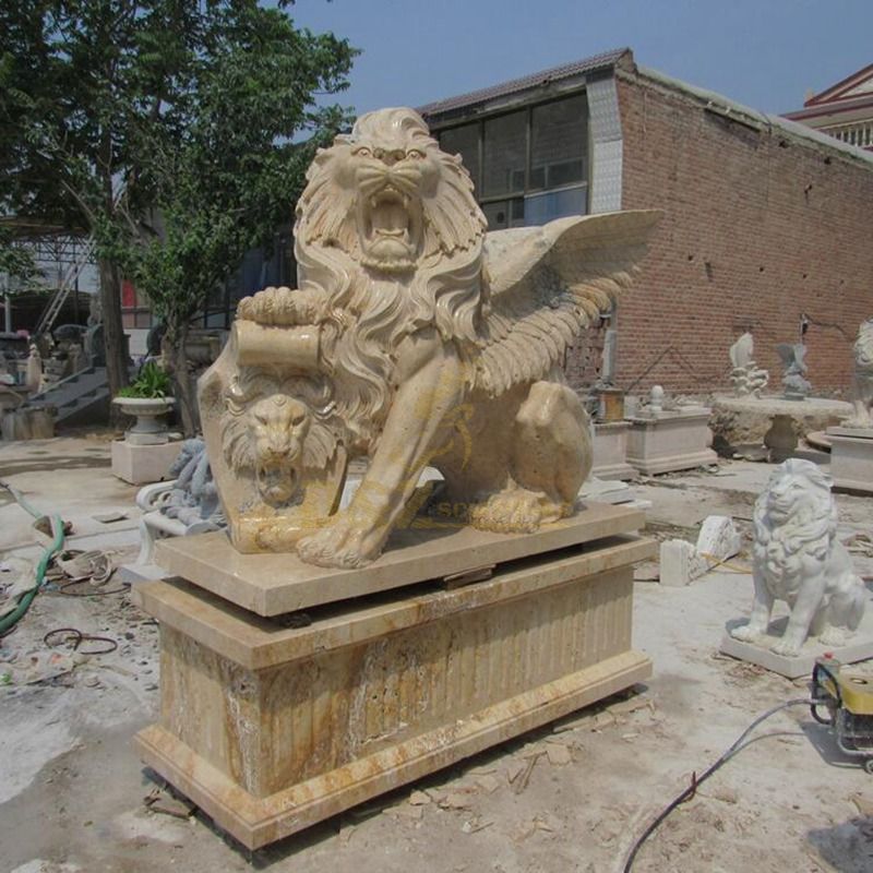 Hand Carved White Marble Lion Sculpture With Wings