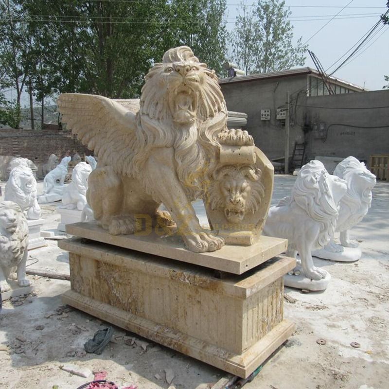 Hand Carved White Marble Lion Sculpture With Wings