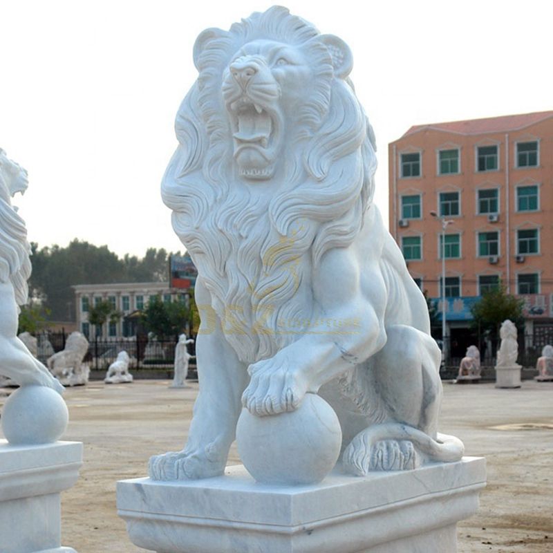 European White Marble Carved Stone Lion Sculpture