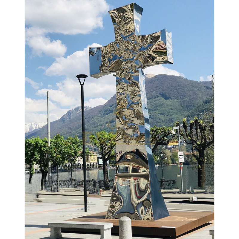 Large religious stainless steel cross sculpture