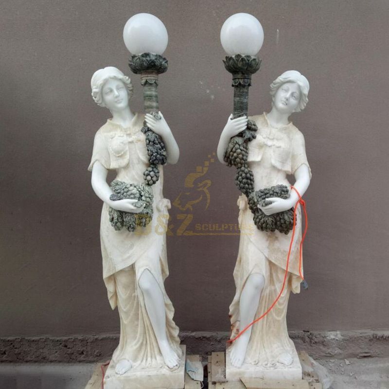 Outdoor Garden Decoration Beautiful Lady Marble Lamp Post Statue With Light