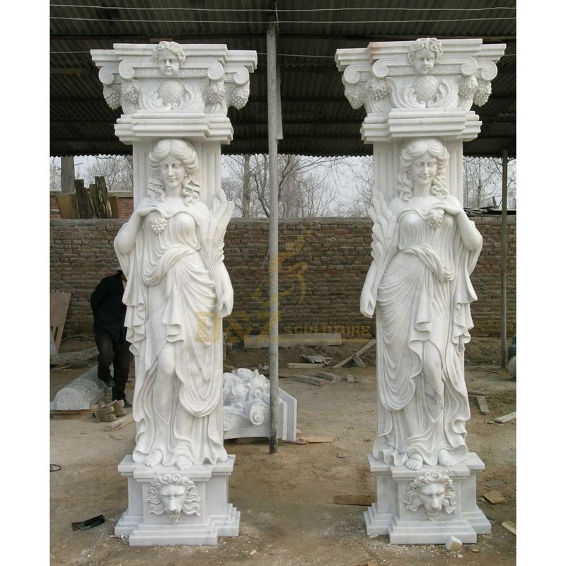Outdoor Garden Decoration Beautiful Lady Marble Lamp Post Statue With Light