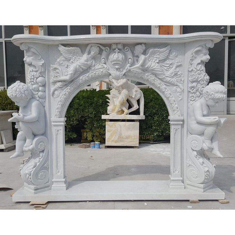Hand Carved Boy Figure Stone Statue Fireplace Using Natural Stone Material