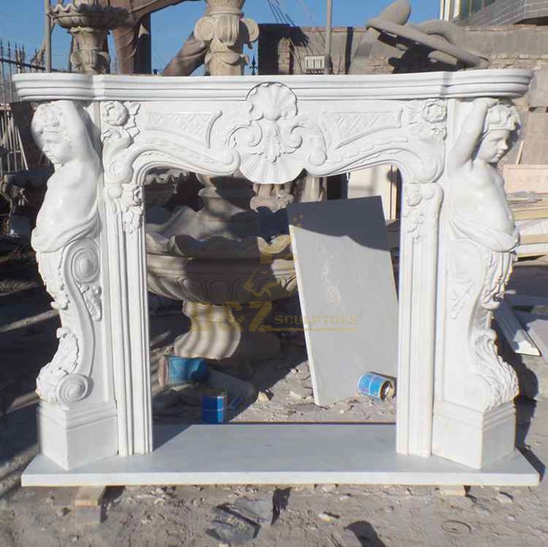 Classic Marble Carving Fireplace Mantel with Lady Statue For Sale