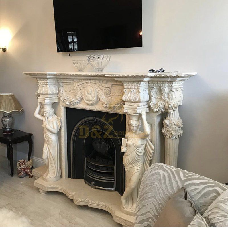 Classic Marble Carving Fireplace Mantel with Lady Statue For Sale