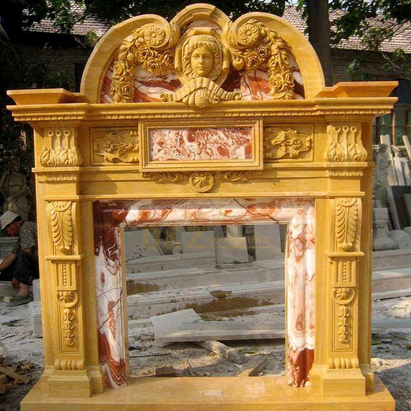 Natural Yellow Stone Carving Marble English Style Fireplace