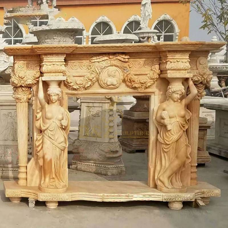 Natural Yellow Stone Carving Marble English Style Fireplace