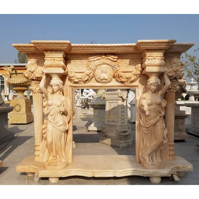 Natural Yellow Stone Carving Marble English Style Fireplace