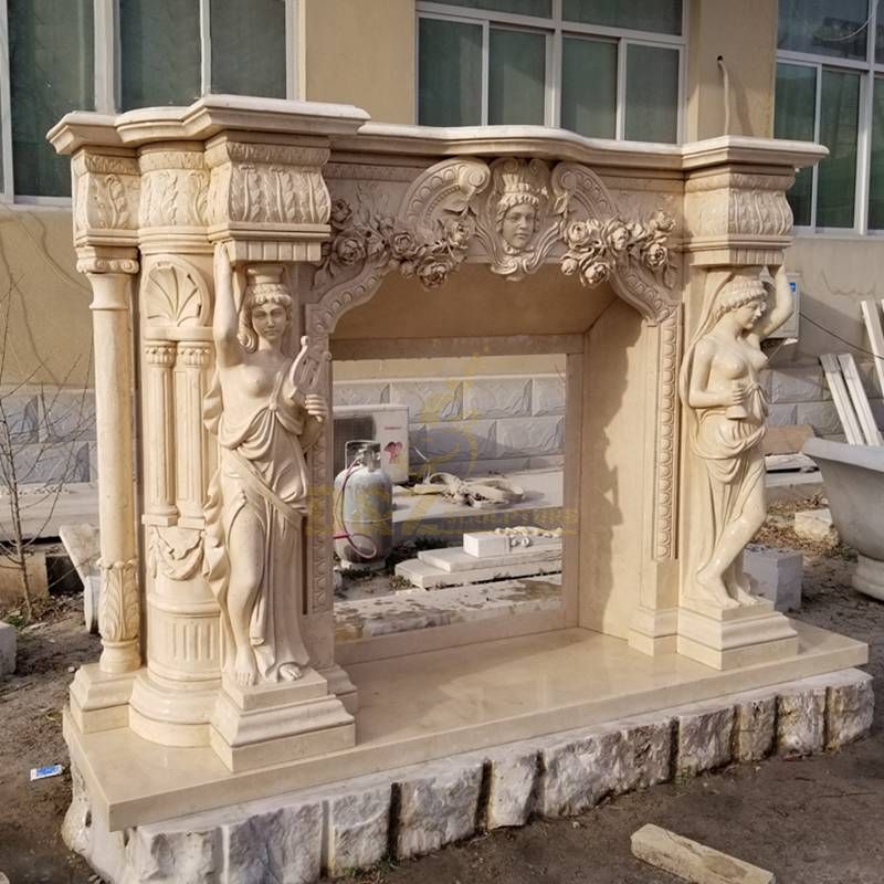 Indoor Nude Woman Marble Natural Stone Freestanding Fireplace Mantel Surround With Animals