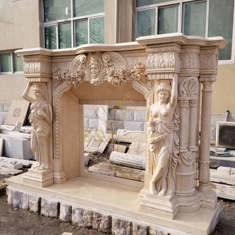 Indoor Nude Woman Marble Natural Stone Freestanding Fireplace Mantel Surround With Animals