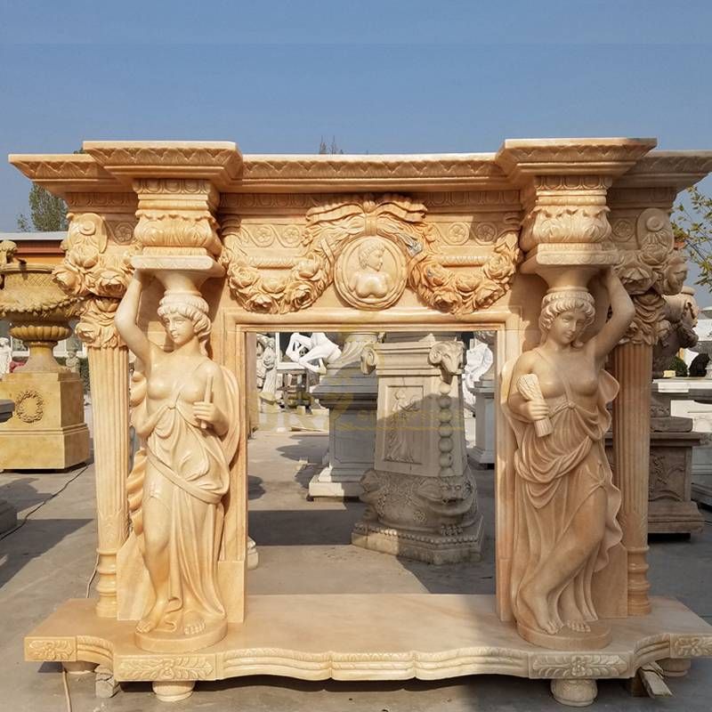 Indoor Nude Woman Marble Natural Stone Freestanding Fireplace Mantel Surround With Animals