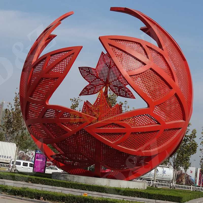 Outdoor large maple leaf hollow stainless steel ball sculpture