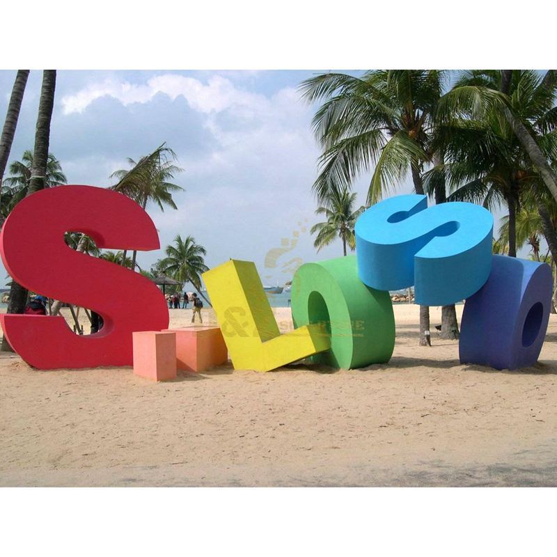 Colorful stainless steel letter sculptures with different shapes and sizes