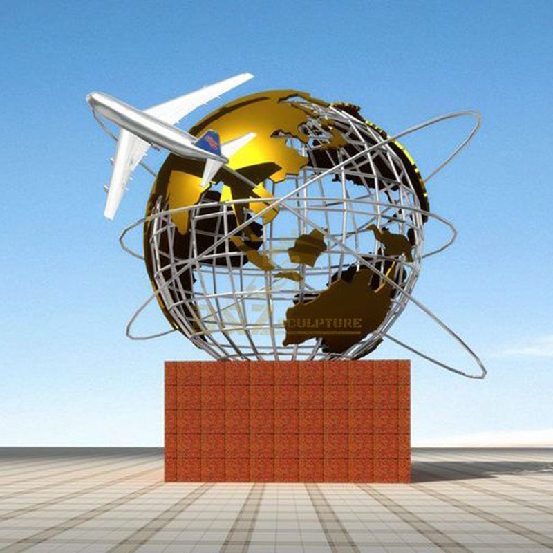 Outdoor large stainless steel decorative globe with airplane