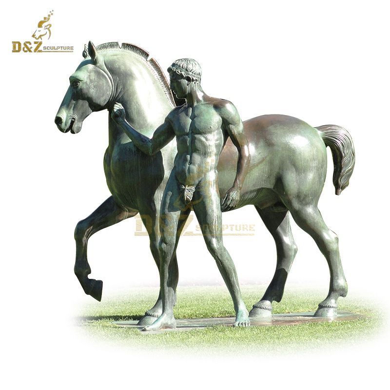 Muscular man bronze horse sculpture