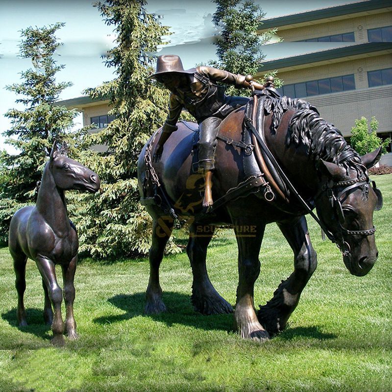 Outdoor bronze horse metal kid riding sculpture