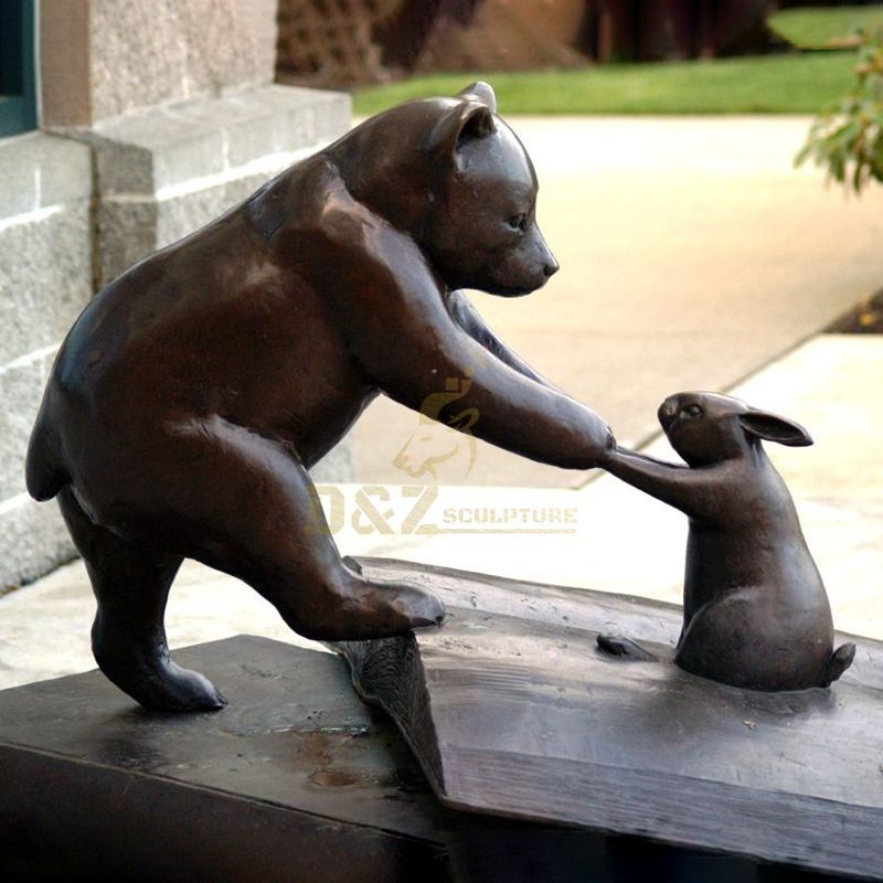 Outdoor garden metal brass bear statue and rabbit play sculpture